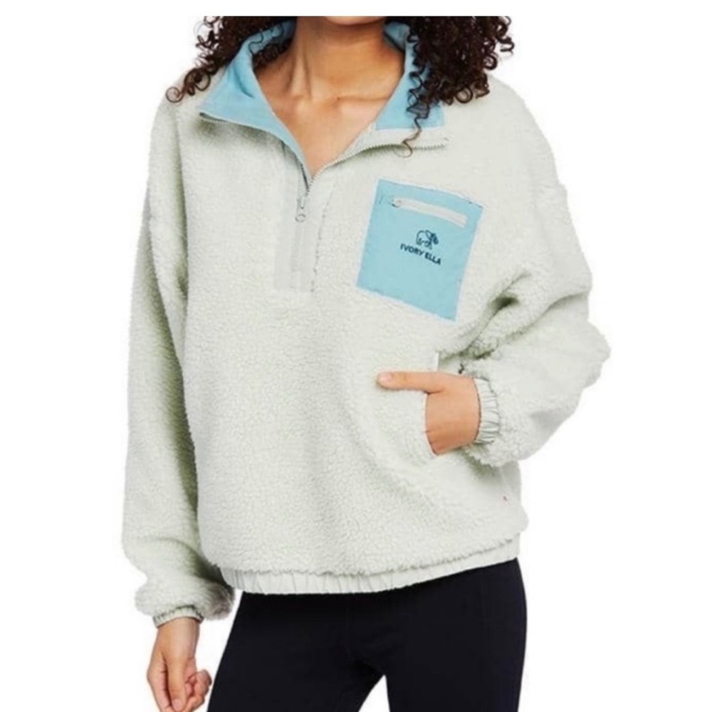 Ivory Ella Womens Sherpa Fleece Quarter Zip Pullover Green Blue Size M